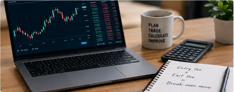 Trading desk with a chart, calculator, and notebook listing entry fee plus exit fee equals break-even move