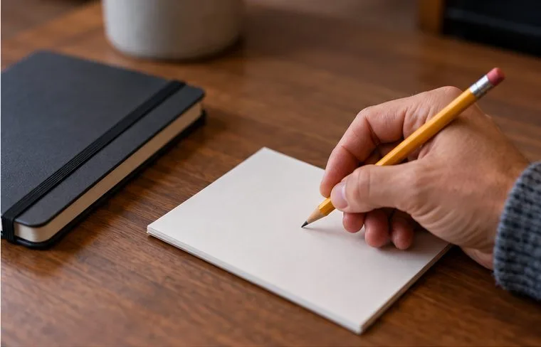 A hand holds a pencil over a blank notebook beside a closed journal, preparing to write a trading price limit.
