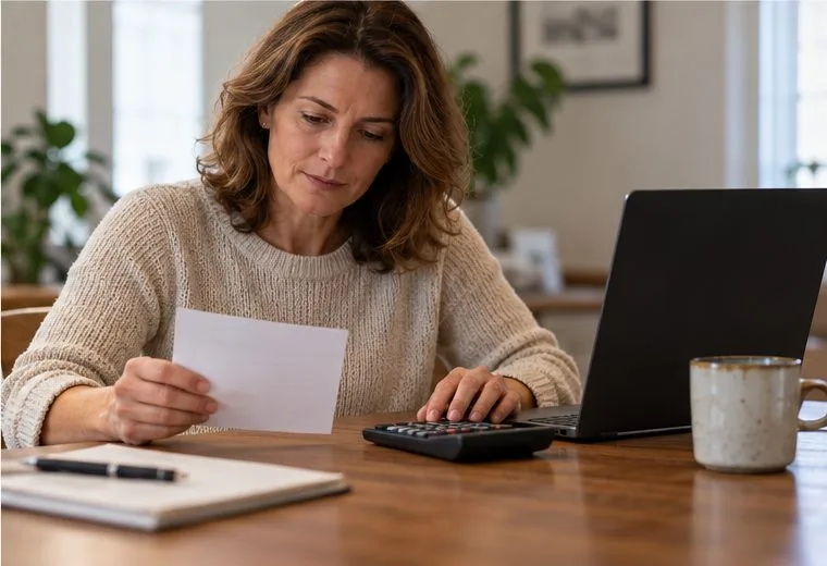 An investor reviews a sheet of paper and uses a calculator beside an open laptop after considering an order.