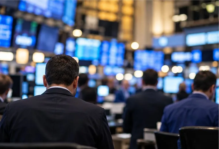 Several traders are seen from behind on a busy exchange floor, with distant market screens out of focus.