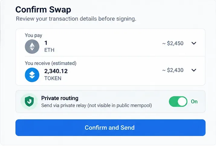 Conceptual swap confirmation screen with private routing enabled before the user confirms the transaction.
