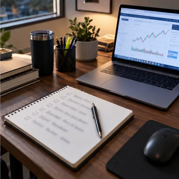 A notebook and pen lie on a trader’s desk beside a laptop showing a blurred financial webpage.