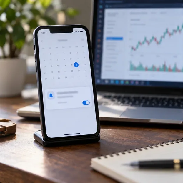 A smartphone calendar reminder sits beside a laptop displaying an out-of-focus market chart.