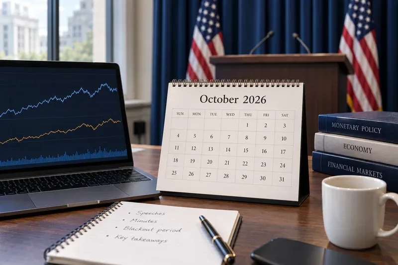 Desk with an October 2026 calendar, market charts, monetary policy books, notebook, podium and U.S. flags