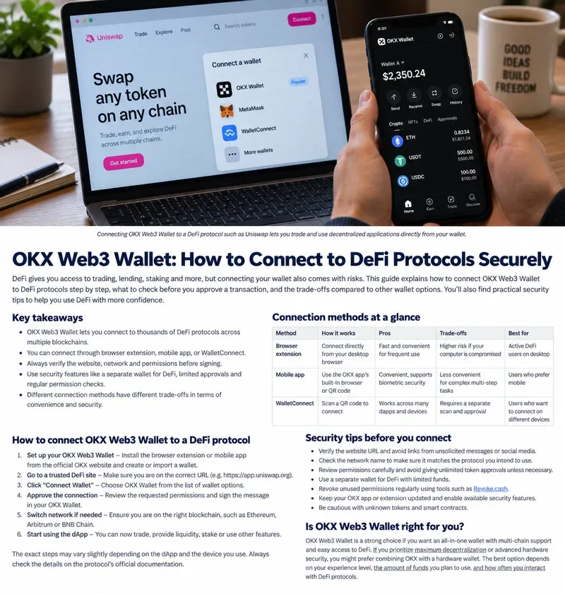 OKXウォレット、DeFi接続ダイアログ、接続方法のトレードオフ、および権限を確認するためのチェックリストを示す、セキュリティガイドの例。