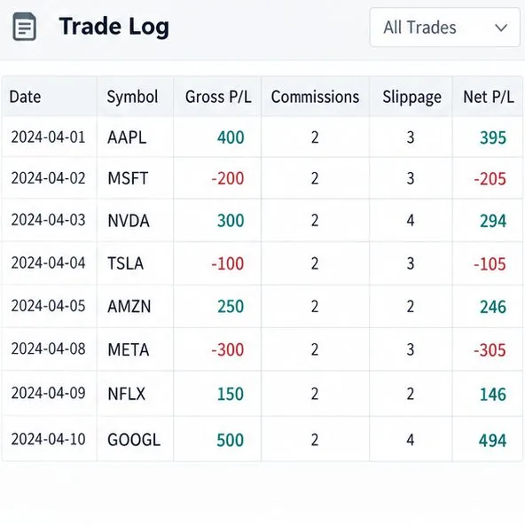 A sample trade log with gross profit or loss, commissions, slippage, and net profit or loss columns.