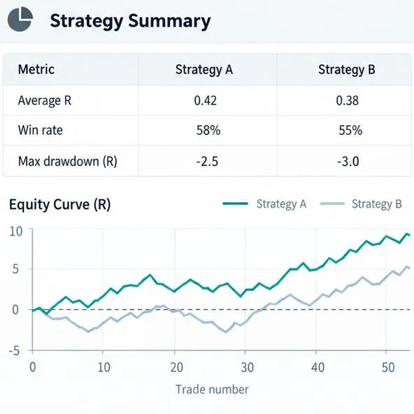 An illustrative strategy summary table compares average R, win rate, and maximum drawdown in R, with two R-based equity curves.