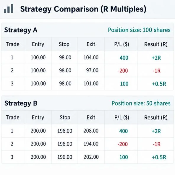 Two illustrative strategy tables show different share counts and dollar outcomes but the same normalized results of plus 2R, minus 1R, and plus 0.5R.