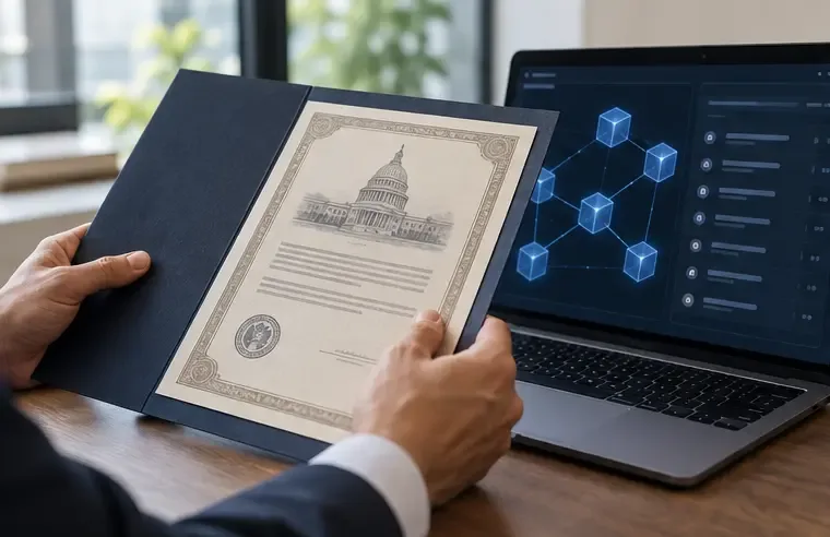 Handen vergelijken een eenvoudig document over staatsschuld met een generiek blockchain-grootboek op een laptop.