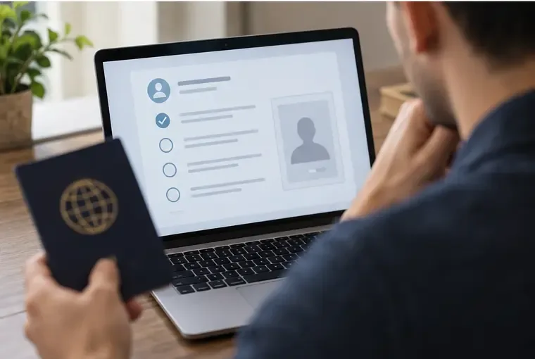 Een persoon bekijkt een algemene checklist voor identiteits- en nalevingsvereisten op een laptop, terwijl hij een paspoort vasthoudt waarop geen leesbare gegevens staan.