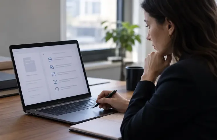 Een compliance-analist controleert op een laptop een algemene lijst met overdrachtsbeperkingen en de criteria voor beleggersgeschiktheid.