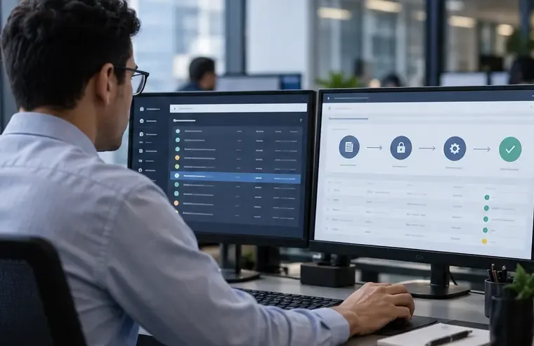 Een balie voor beheer van activa met standaard beeldschermen waarop een workflow voor het beheer en de inlossing van activa wordt weergegeven.
