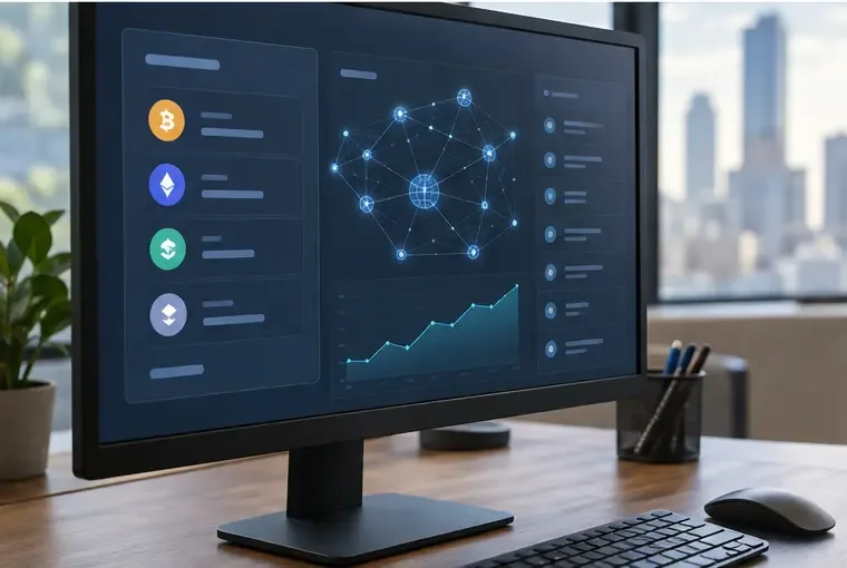 Een algemene monitor die de saldi van niet-gelabelde tokens weergeeft, samen met een diagram van een verbonden blockchainnetwerk.
