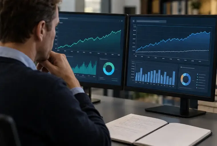 Een financieel onderzoeker vergelijkt twee generieke beleggingsdashboards met grafieken, maar zonder labels of logo's.