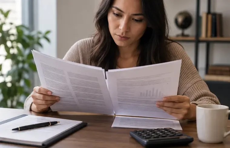 Een belegger leest een eenvoudig fondsprospectus en een bewaardocument naast een rekenmachine.