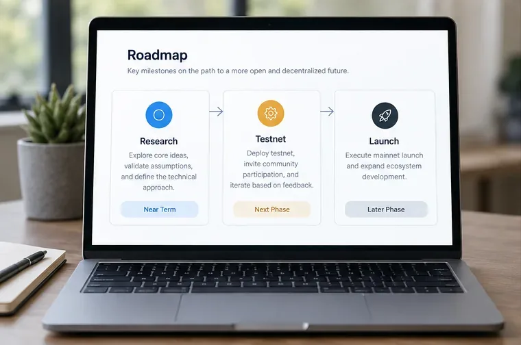 Schermata illustrativa della roadmap delle criptovalute con schede relative a ricerca, testnet e tappe fondamentali del lancio.