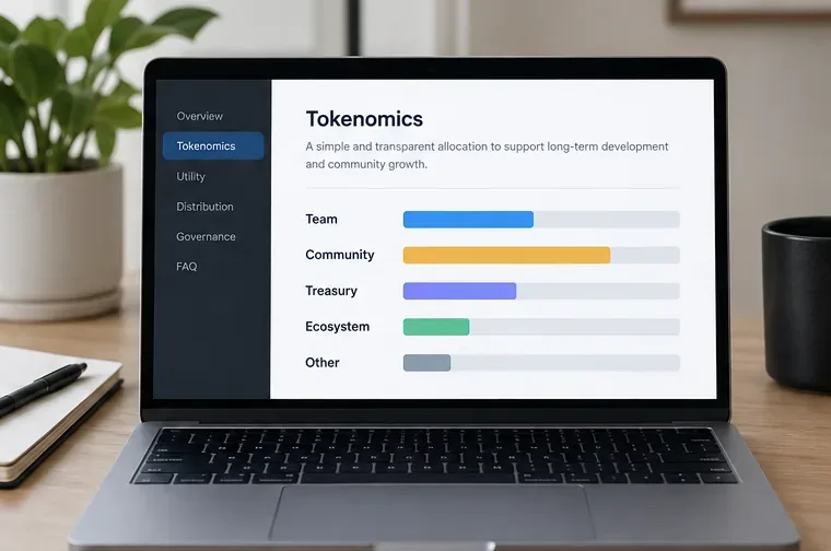 Schermata illustrativa della tokenomics su un laptop con barre di allocazione per team, comunità, tesoreria, ecosistema e altro.