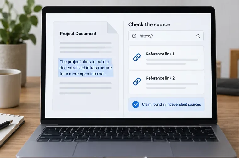 Schermata illustrativa di verifica delle fonti che confronta un'affermazione di progetto evidenziata con due link di riferimento neutri