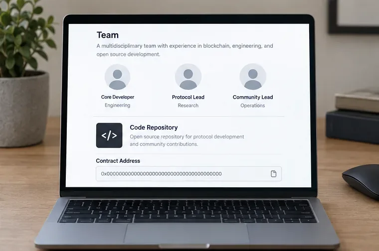 Schermata esemplificativa del team di progetto e del repository del codice con ruoli generici e indirizzo di contratto segnaposto.