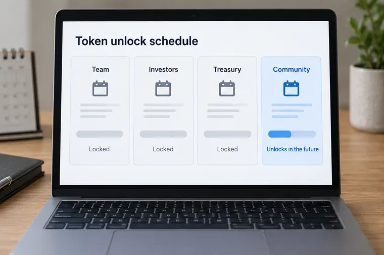 Schermata illustrativa del programma di sblocco dei token che mostra lo stato di blocco per team, investitori, tesoreria e comunità.