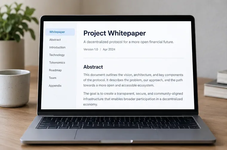 Schermata di un laptop a scopo illustrativo che mostra un white paper generico sulle criptovalute con un abstract, la data di versione e l'indice.