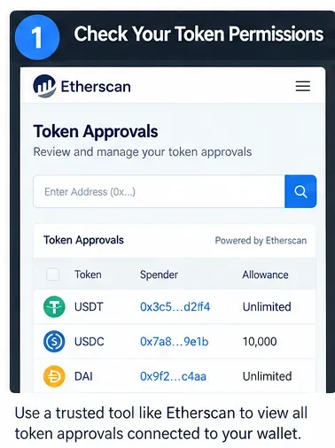 Approval checker view listing token symbols, spender addresses, and allowance amounts
