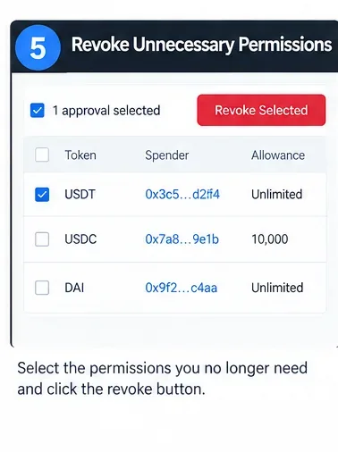 Approval list with one unnecessary unlimited token permission selected for revocation