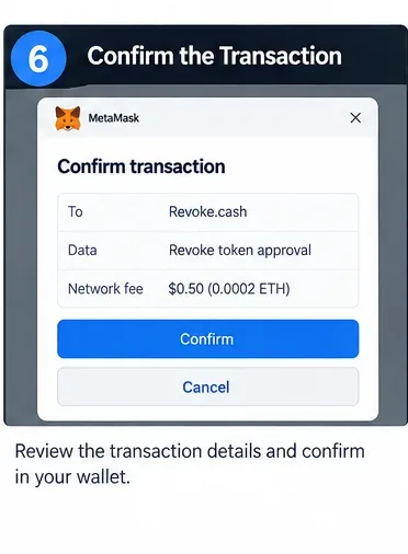 Wallet transaction confirmation showing a token approval revocation and a network fee