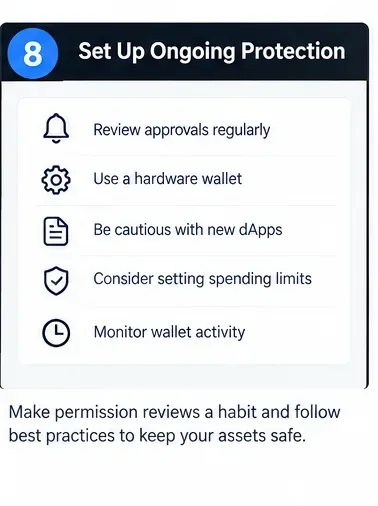 Wallet-security checklist for regular approval reviews, spending limits, cautious dapp use, and activity monitoring