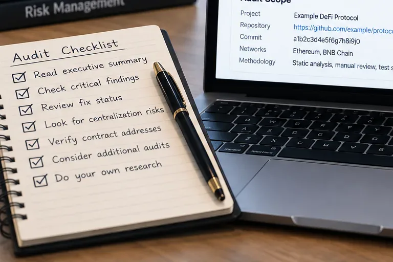 Notebook checklist next to an audit scope panel listing repository, commit, networks, and review methodology