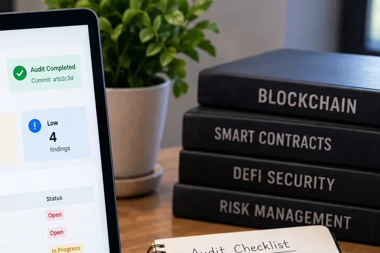 Close view of an audit completion panel beside blockchain security reference books