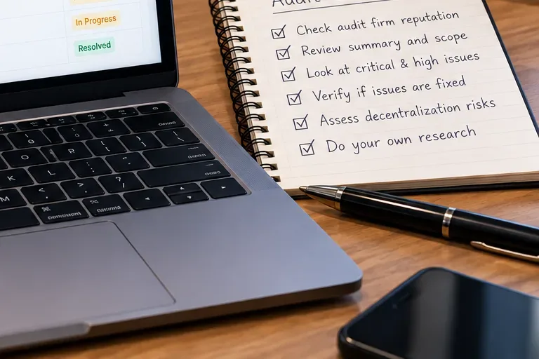 Audit checklist beside a laptop with resolved and in-progress finding statuses