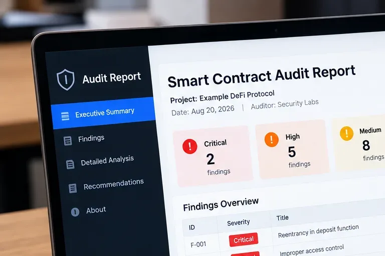 Illustrative audit report screen showing an executive summary and severity counts