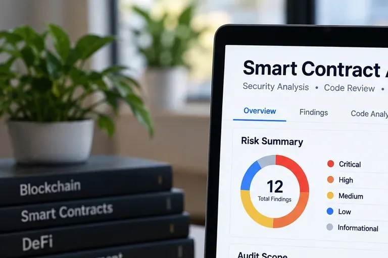 Audit risk summary on a laptop screen beside books labeled for blockchain and DeFi security