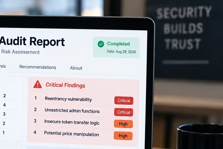 Audit screen highlighting critical findings including unrestricted administration and price manipulation risks