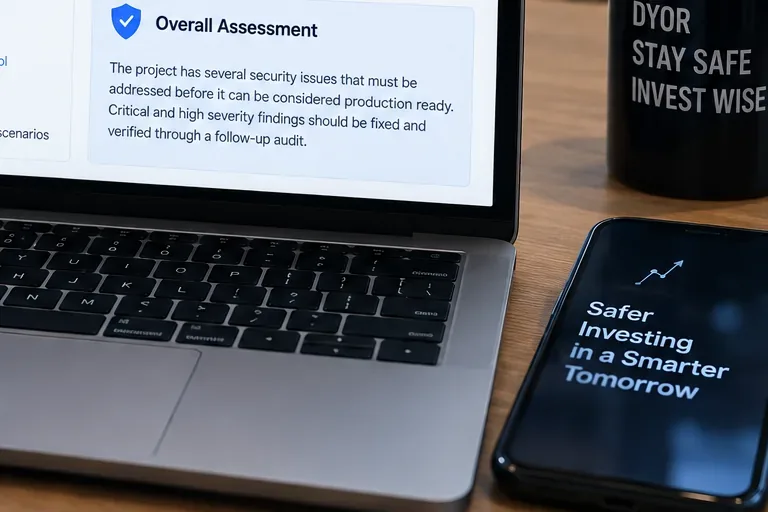 Overall audit assessment beside a phone displaying a safer-investing reminder