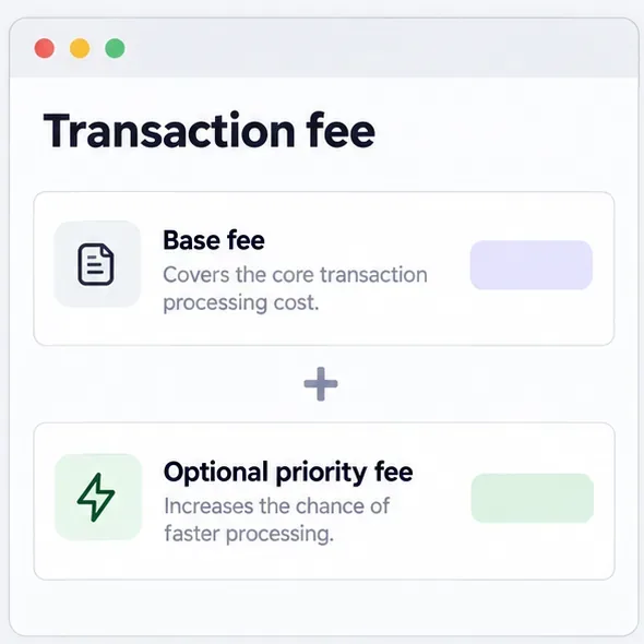 A schematic Solana transaction-fee panel separates the base fee from an optional priority fee.