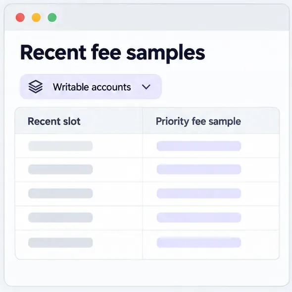 A schematic recent-fee-samples table includes recent slots and a filter for writable accounts, with sample values left blank.