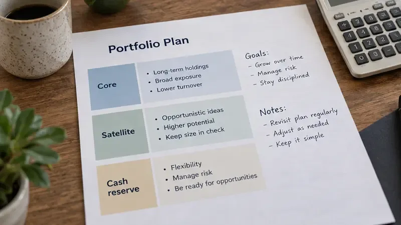 Handschriftlicher Portfolioplan, der die Anlagen in Kern-, Satelliten- und Cash-Reserve-Positionen unterteilt.