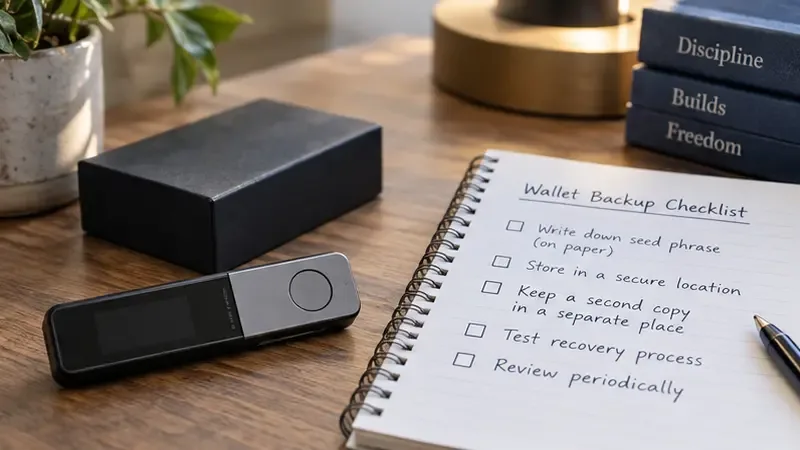 Hardware-Wallet neben einer allgemeinen, handgeschriebenen Checkliste für die Wallet-Sicherung