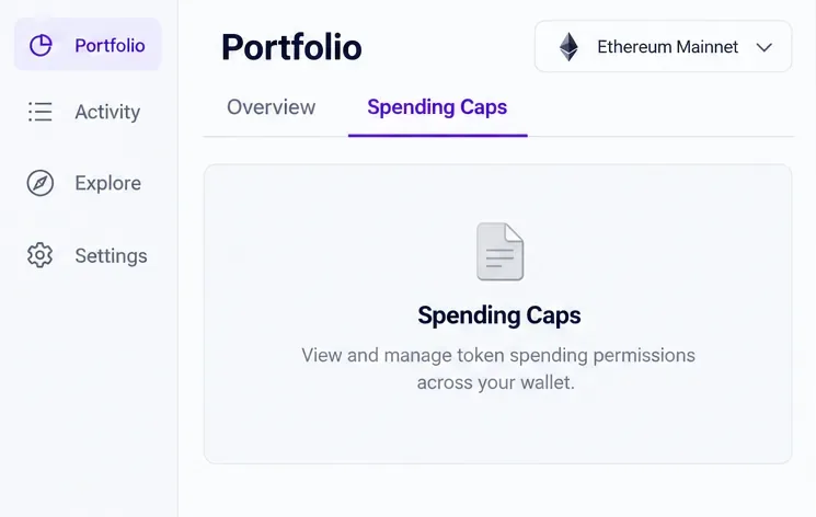 A wallet portfolio interface with the Spending Caps tab selected and Ethereum Mainnet chosen