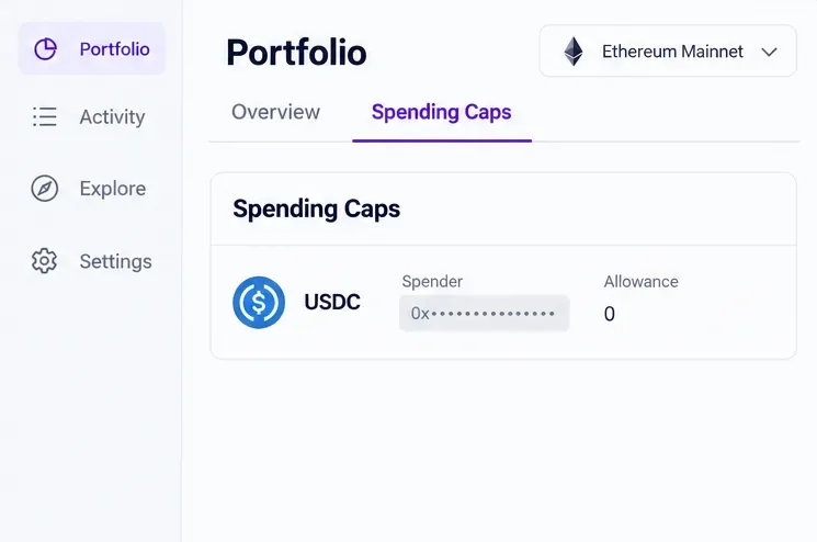 A conceptual Spending Caps list after revocation showing the selected USDC spender with an allowance of zero