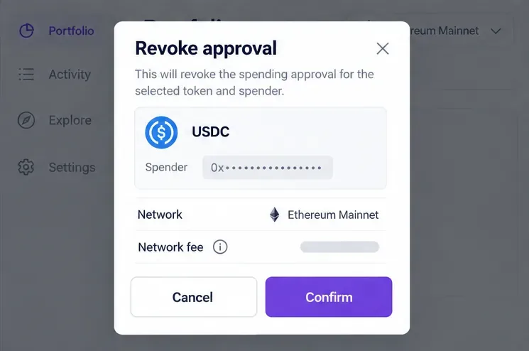 A conceptual wallet confirmation dialog for revoking a USDC approval on Ethereum Mainnet, with a network fee and Confirm button