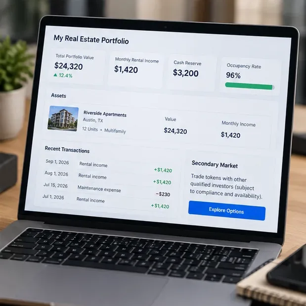 Laptop dashboard showing a tokenized real estate portfolio with property value, rental income, reserves, occupancy, transactions, and secondary-market options