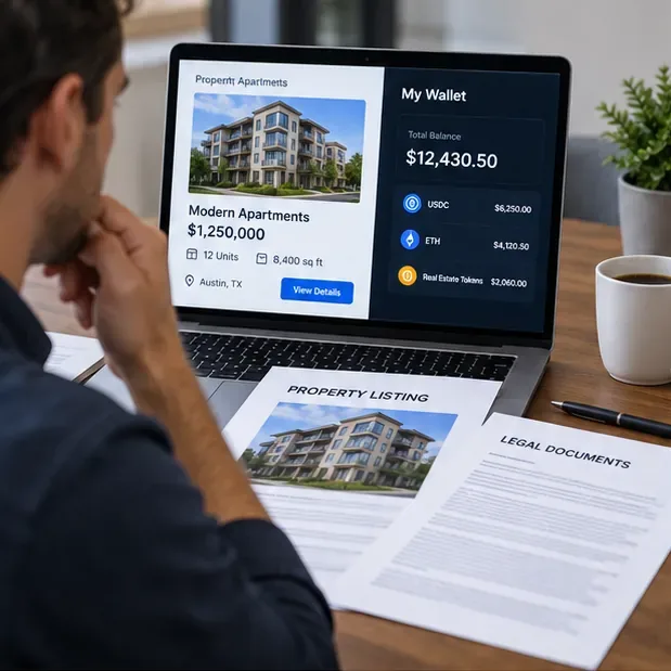 Investor comparing an apartment property listing, wallet balance, and printed legal documents before making a tokenized real estate investment