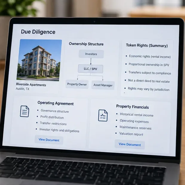 Laptop showing a tokenized property due diligence screen with ownership structure, token rights, operating agreement, and property financials