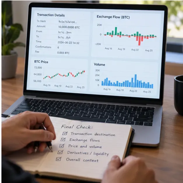 Analyst illustration completing a final checklist beside transaction details, exchange-flow bars, Bitcoin price, and volume charts