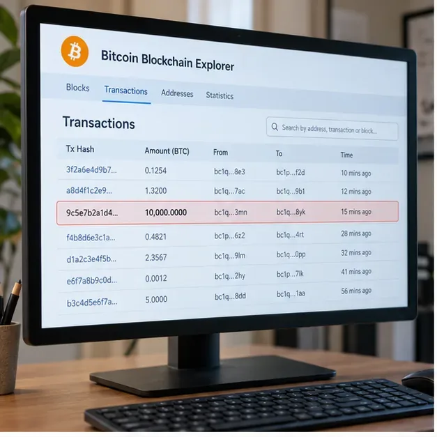 Bitcoin blockchain explorer illustration showing a large transaction among smaller transfers on a desktop monitor