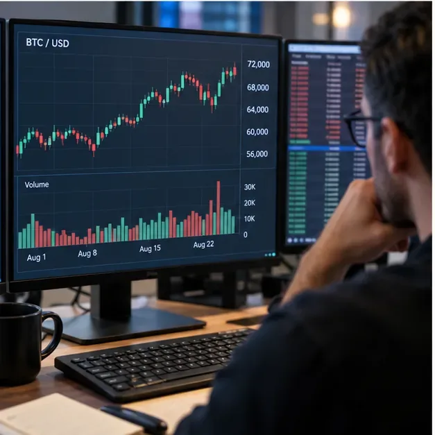 Trader illustration reviewing a BTC USD price chart, volume bars, and an order book on multiple monitors