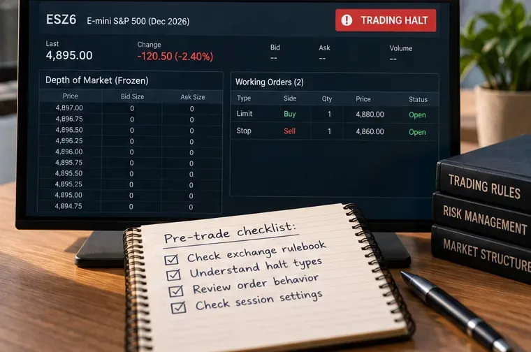 Futures trading monitor showing ESZ6 in a trading halt with frozen depth-of-market data, two working orders, and a notebook checklist to check exchange rules and session settings.